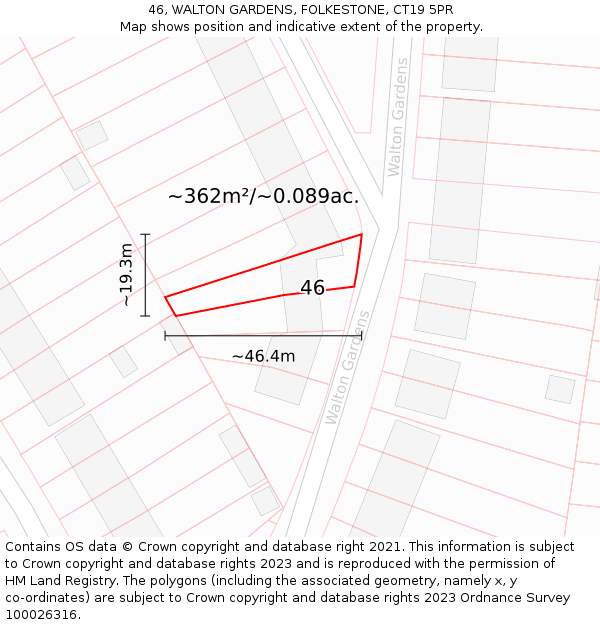 46, WALTON GARDENS, FOLKESTONE, CT19 5PR: Plot and title map