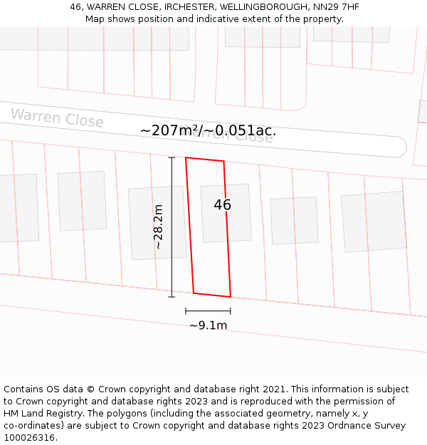 46, WARREN CLOSE, IRCHESTER, WELLINGBOROUGH, NN29 7HF: Plot and title map