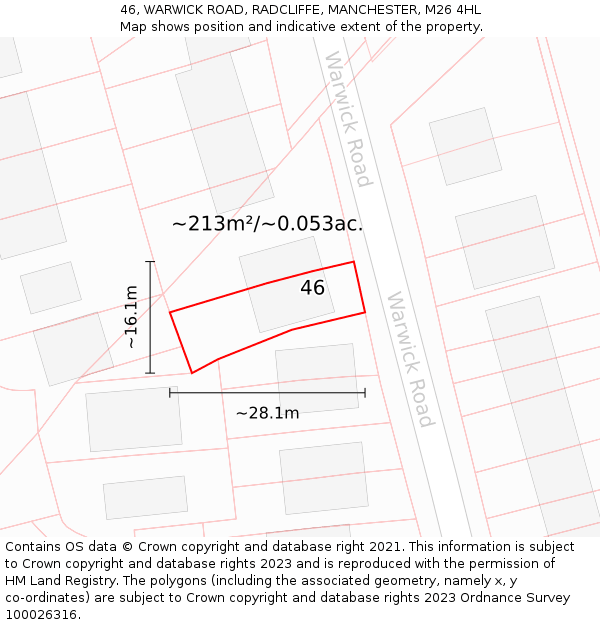 46, WARWICK ROAD, RADCLIFFE, MANCHESTER, M26 4HL: Plot and title map