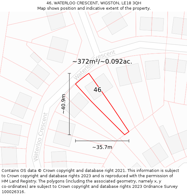 46, WATERLOO CRESCENT, WIGSTON, LE18 3QH: Plot and title map