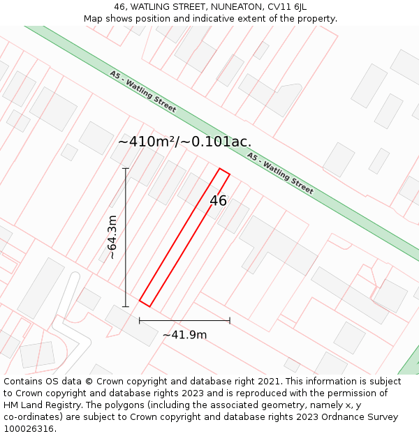 46, WATLING STREET, NUNEATON, CV11 6JL: Plot and title map