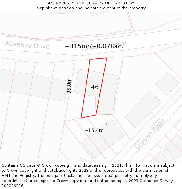 46, WAVENEY DRIVE, LOWESTOFT, NR33 0TW: Plot and title map