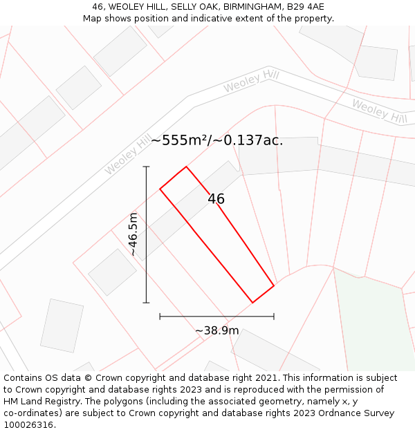 46, WEOLEY HILL, SELLY OAK, BIRMINGHAM, B29 4AE: Plot and title map