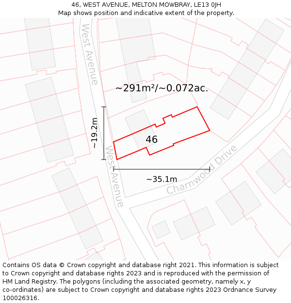 46, WEST AVENUE, MELTON MOWBRAY, LE13 0JH: Plot and title map