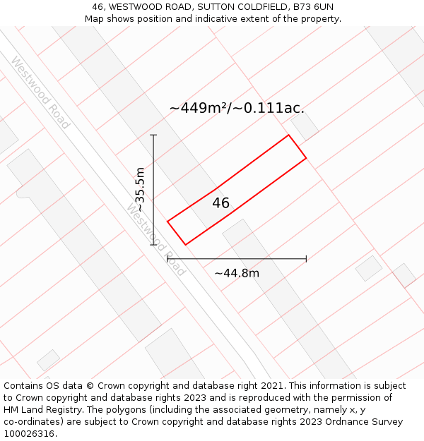46, WESTWOOD ROAD, SUTTON COLDFIELD, B73 6UN: Plot and title map