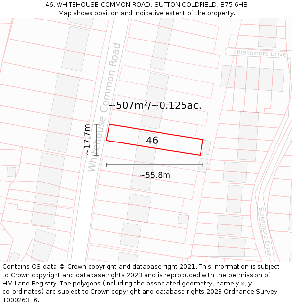 46, WHITEHOUSE COMMON ROAD, SUTTON COLDFIELD, B75 6HB: Plot and title map