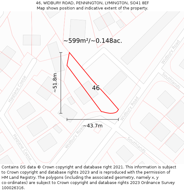 46, WIDBURY ROAD, PENNINGTON, LYMINGTON, SO41 8EF: Plot and title map