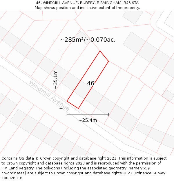 46, WINDMILL AVENUE, RUBERY, BIRMINGHAM, B45 9TA: Plot and title map