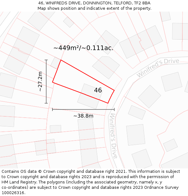 46, WINIFREDS DRIVE, DONNINGTON, TELFORD, TF2 8BA: Plot and title map