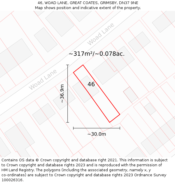 46, WOAD LANE, GREAT COATES, GRIMSBY, DN37 9NE: Plot and title map