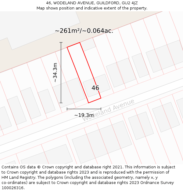 46, WODELAND AVENUE, GUILDFORD, GU2 4JZ: Plot and title map