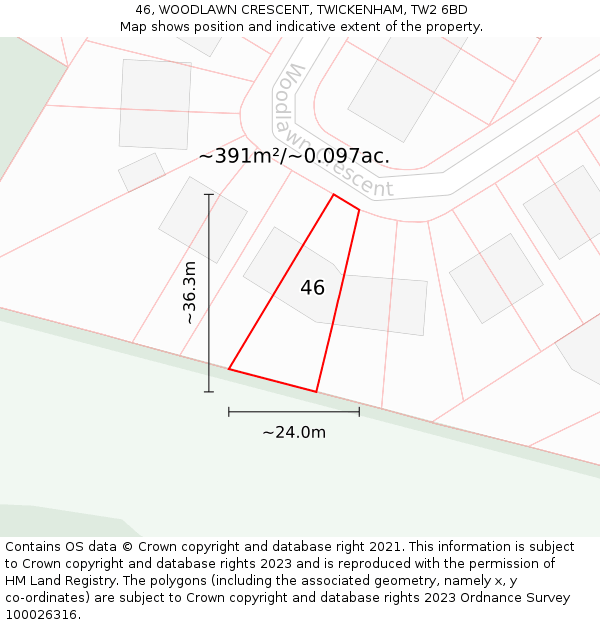46, WOODLAWN CRESCENT, TWICKENHAM, TW2 6BD: Plot and title map