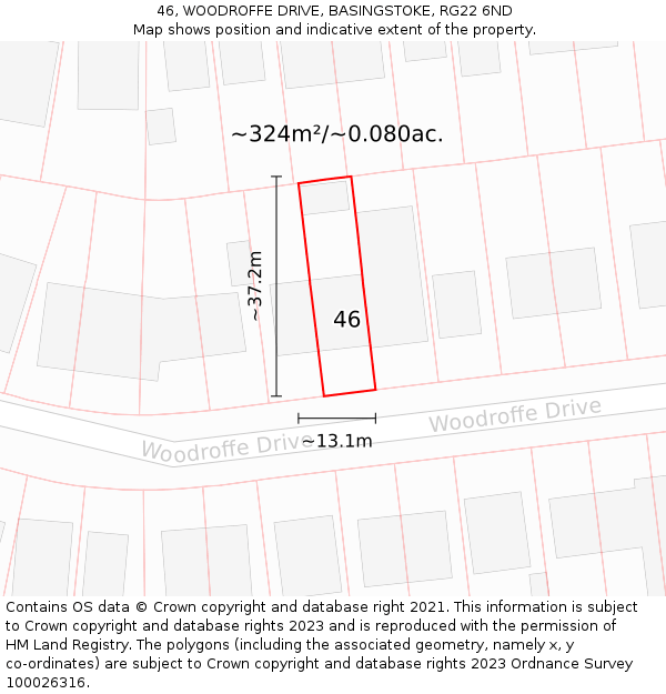 46, WOODROFFE DRIVE, BASINGSTOKE, RG22 6ND: Plot and title map