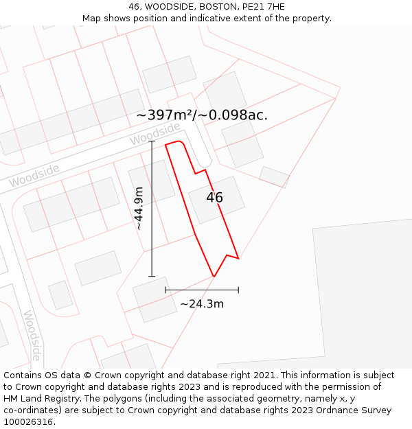 46, WOODSIDE, BOSTON, PE21 7HE: Plot and title map