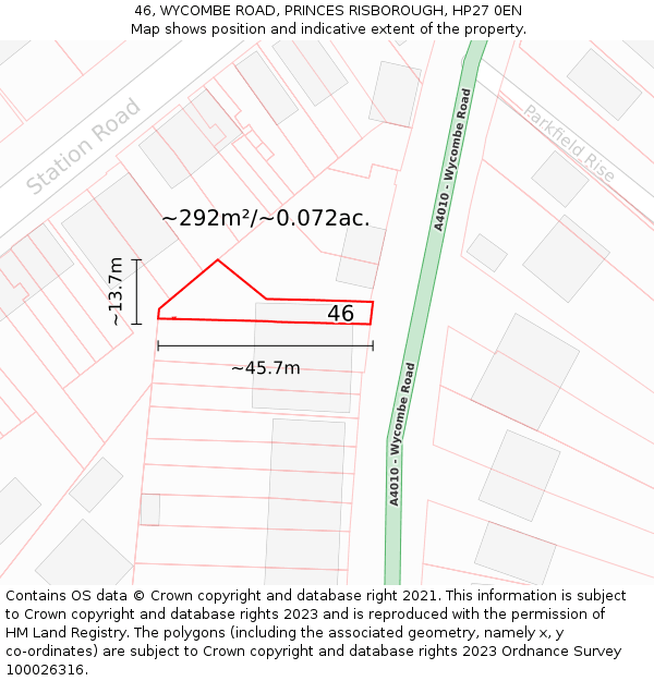 46, WYCOMBE ROAD, PRINCES RISBOROUGH, HP27 0EN: Plot and title map