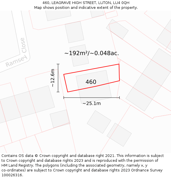 460, LEAGRAVE HIGH STREET, LUTON, LU4 0QH: Plot and title map
