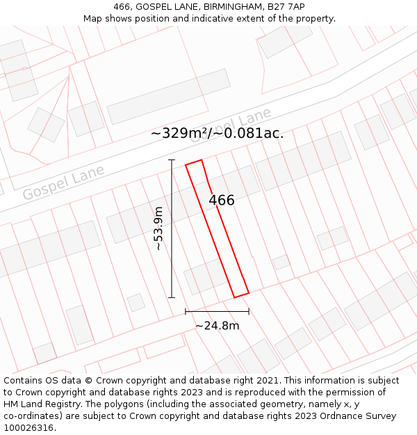 466, GOSPEL LANE, BIRMINGHAM, B27 7AP: Plot and title map
