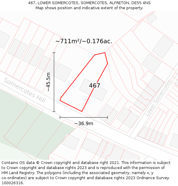 467, LOWER SOMERCOTES, SOMERCOTES, ALFRETON, DE55 4NS: Plot and title map