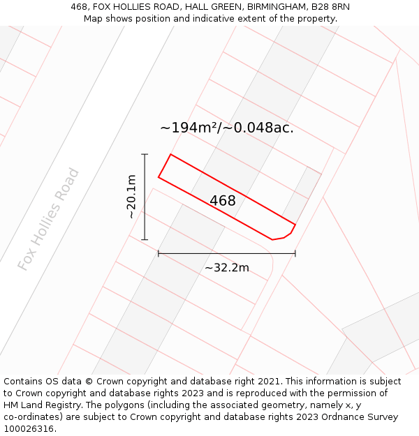 468, FOX HOLLIES ROAD, HALL GREEN, BIRMINGHAM, B28 8RN: Plot and title map