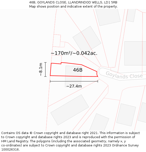 46B, GOYLANDS CLOSE, LLANDRINDOD WELLS, LD1 5RB: Plot and title map