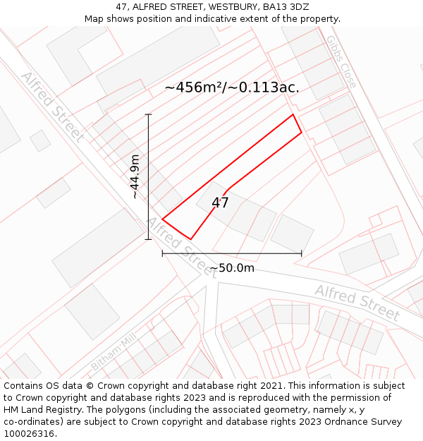 47, ALFRED STREET, WESTBURY, BA13 3DZ: Plot and title map