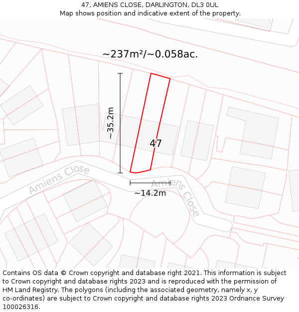 47, AMIENS CLOSE, DARLINGTON, DL3 0UL: Plot and title map