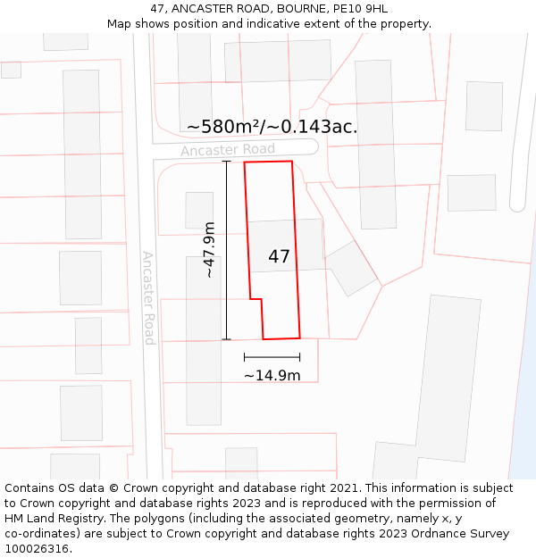 47, ANCASTER ROAD, BOURNE, PE10 9HL: Plot and title map