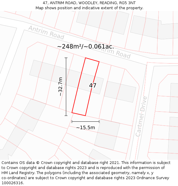 47, ANTRIM ROAD, WOODLEY, READING, RG5 3NT: Plot and title map