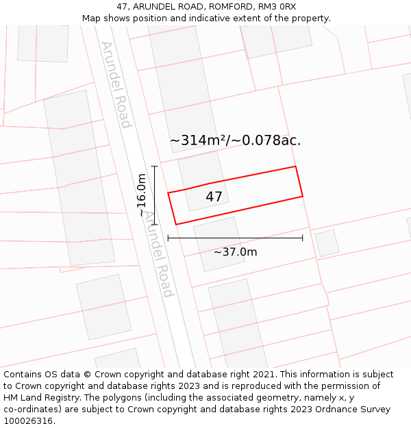 47, ARUNDEL ROAD, ROMFORD, RM3 0RX: Plot and title map