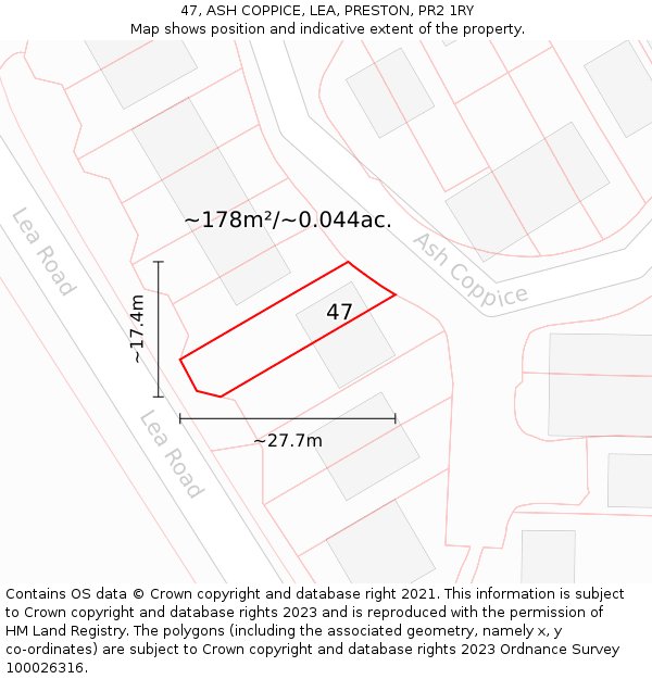 47, ASH COPPICE, LEA, PRESTON, PR2 1RY: Plot and title map