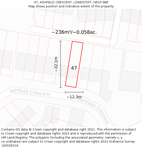 47, ASHFIELD CRESCENT, LOWESTOFT, NR33 9BE: Plot and title map