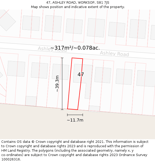 47, ASHLEY ROAD, WORKSOP, S81 7JS: Plot and title map