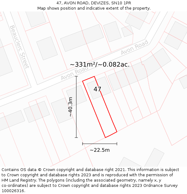 47, AVON ROAD, DEVIZES, SN10 1PR: Plot and title map