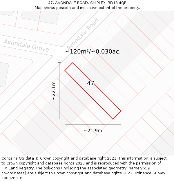 47, AVONDALE ROAD, SHIPLEY, BD18 4QR: Plot and title map