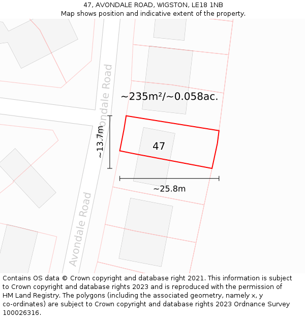 47, AVONDALE ROAD, WIGSTON, LE18 1NB: Plot and title map
