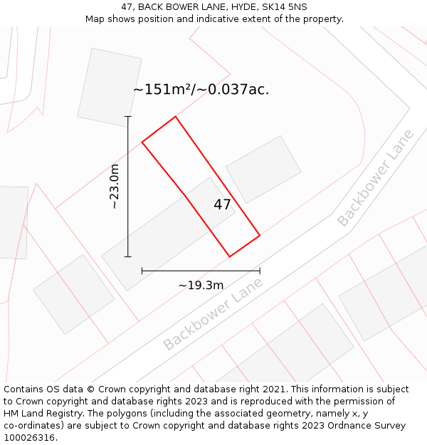47, BACK BOWER LANE, HYDE, SK14 5NS: Plot and title map