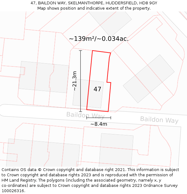 47, BAILDON WAY, SKELMANTHORPE, HUDDERSFIELD, HD8 9GY: Plot and title map