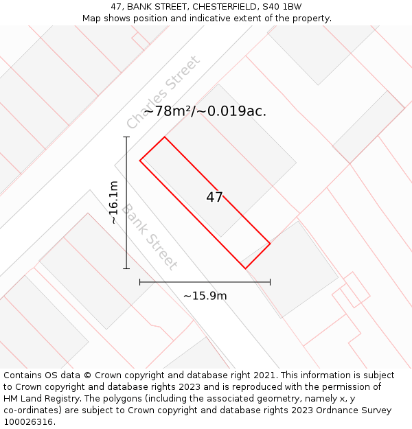 47, BANK STREET, CHESTERFIELD, S40 1BW: Plot and title map