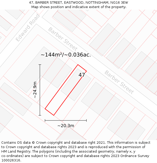 47, BARBER STREET, EASTWOOD, NOTTINGHAM, NG16 3EW: Plot and title map