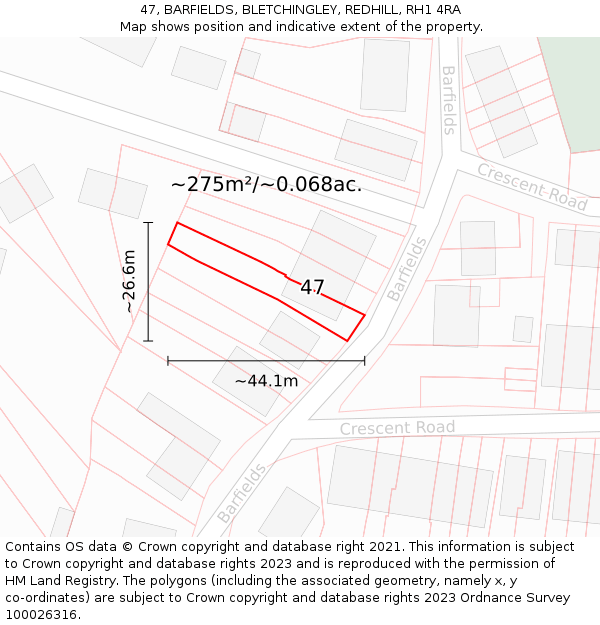 47, BARFIELDS, BLETCHINGLEY, REDHILL, RH1 4RA: Plot and title map
