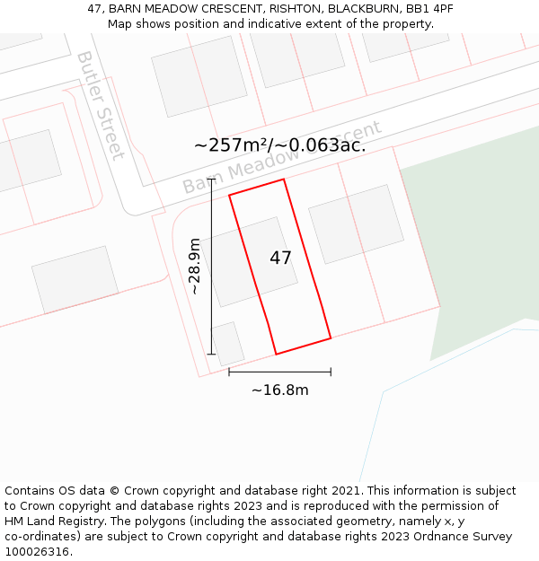 47, BARN MEADOW CRESCENT, RISHTON, BLACKBURN, BB1 4PF: Plot and title map