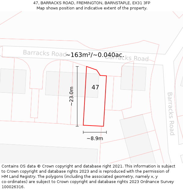 47, BARRACKS ROAD, FREMINGTON, BARNSTAPLE, EX31 3FP: Plot and title map