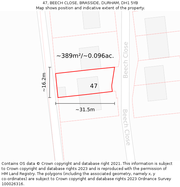47, BEECH CLOSE, BRASSIDE, DURHAM, DH1 5YB: Plot and title map