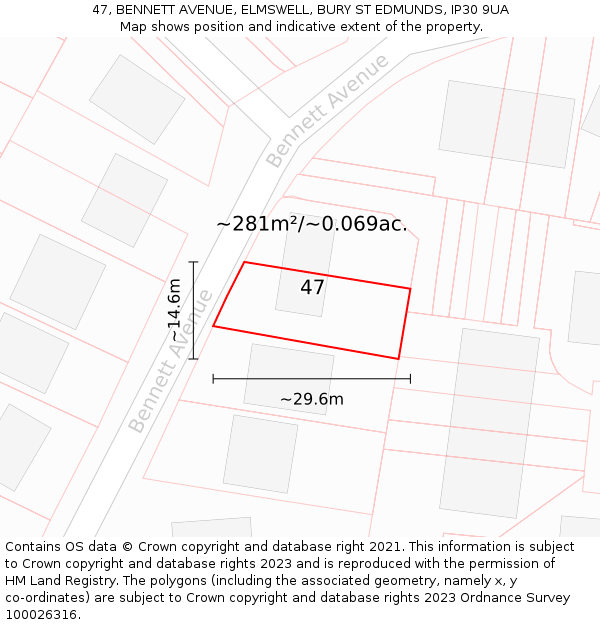 47, BENNETT AVENUE, ELMSWELL, BURY ST EDMUNDS, IP30 9UA: Plot and title map