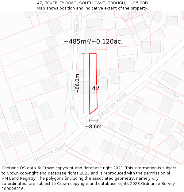 47, BEVERLEY ROAD, SOUTH CAVE, BROUGH, HU15 2BB: Plot and title map