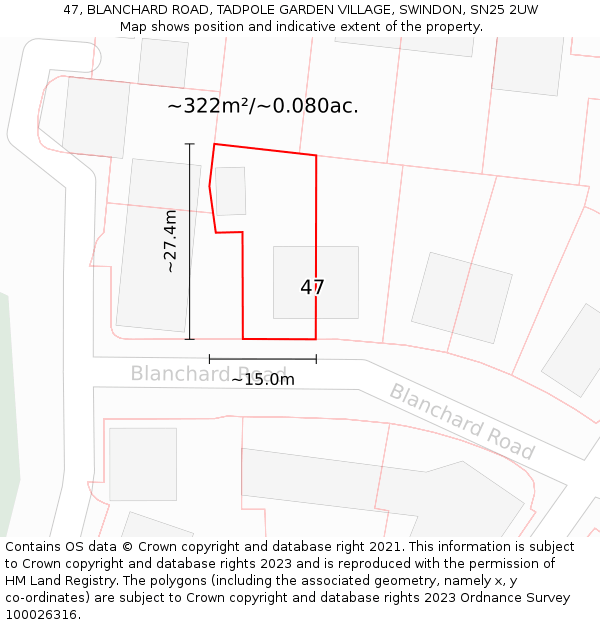 47, BLANCHARD ROAD, TADPOLE GARDEN VILLAGE, SWINDON, SN25 2UW: Plot and title map
