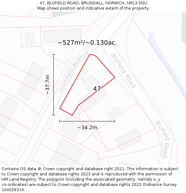 47, BLOFIELD ROAD, BRUNDALL, NORWICH, NR13 5NU: Plot and title map