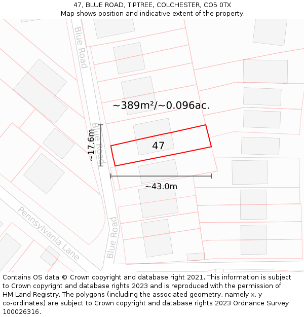 47, BLUE ROAD, TIPTREE, COLCHESTER, CO5 0TX: Plot and title map