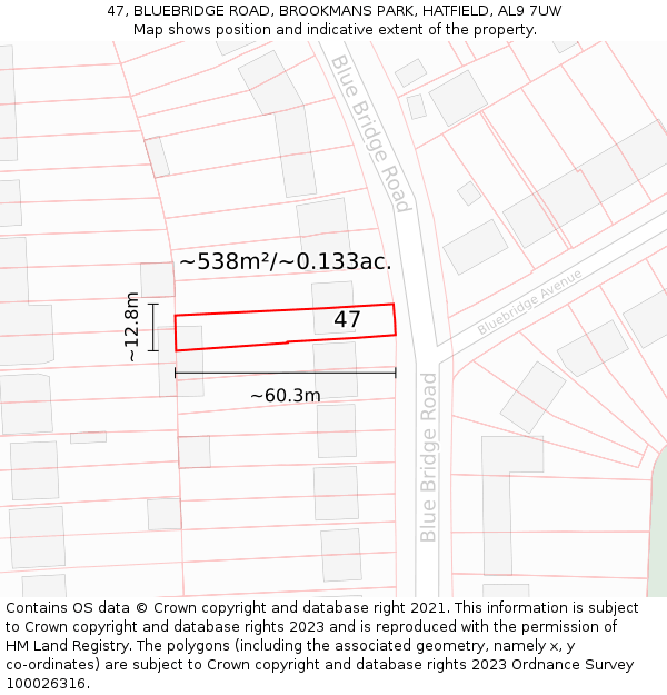 47, BLUEBRIDGE ROAD, BROOKMANS PARK, HATFIELD, AL9 7UW: Plot and title map