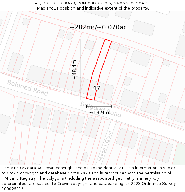 47, BOLGOED ROAD, PONTARDDULAIS, SWANSEA, SA4 8JF: Plot and title map